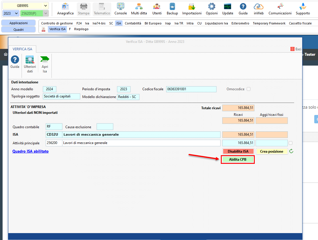 Click su Abilita CPB nella maschera Verifica ISA