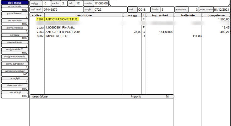 Cedolino con voce 1304 ANTICIPAZIONE T.F.R.