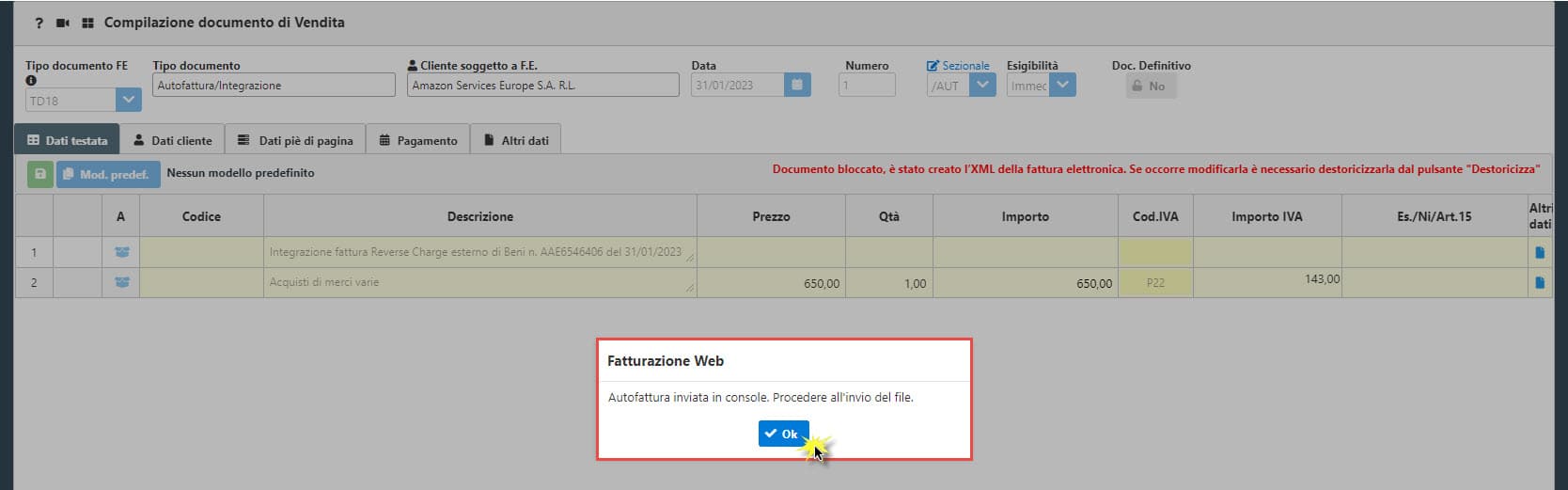 Messaggio Autofattura inviata in console