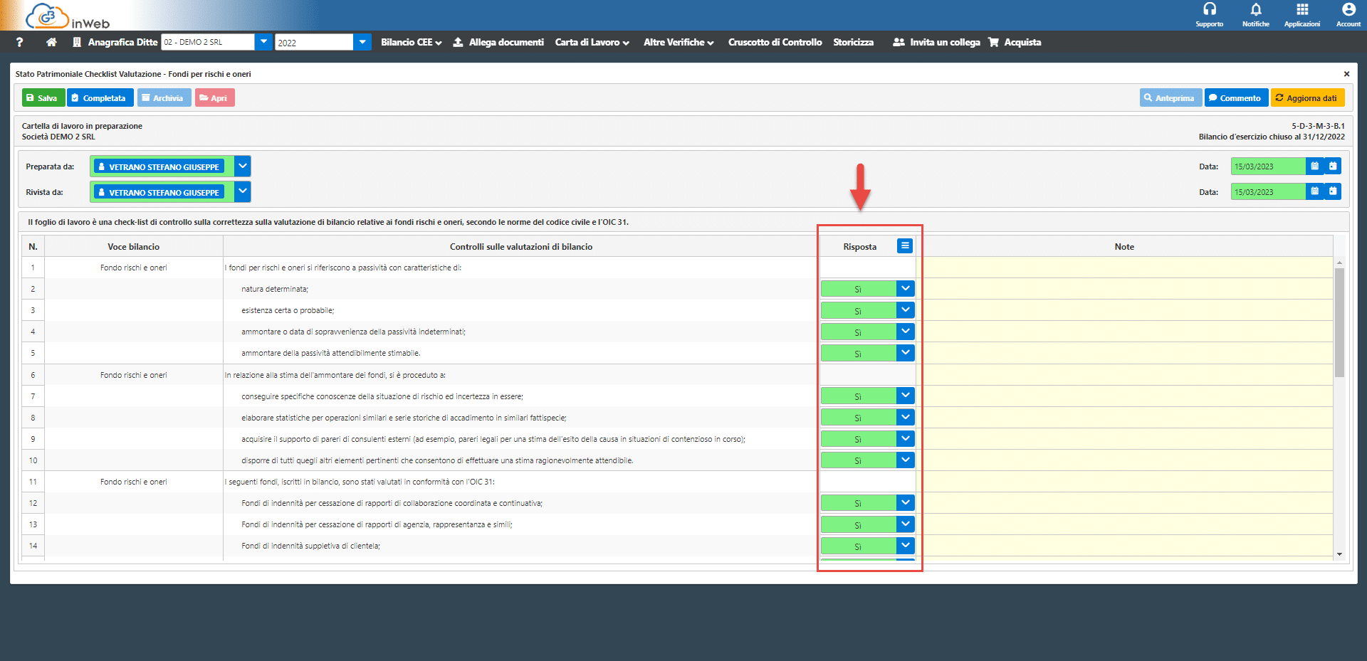 Sezione Checklist di valutazione