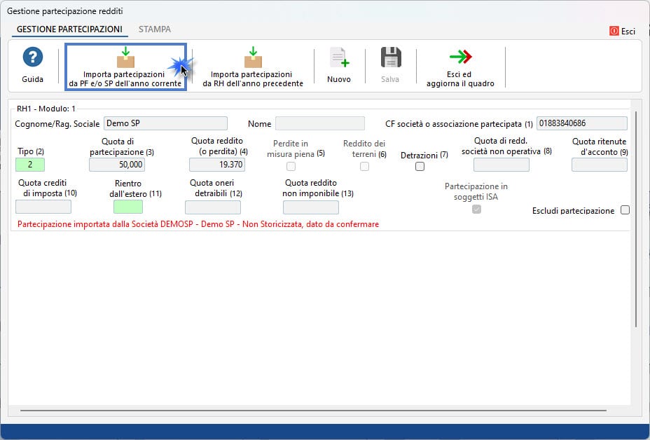 Click su Importa partecipazioni da PF e/o SP dell'anno corrente