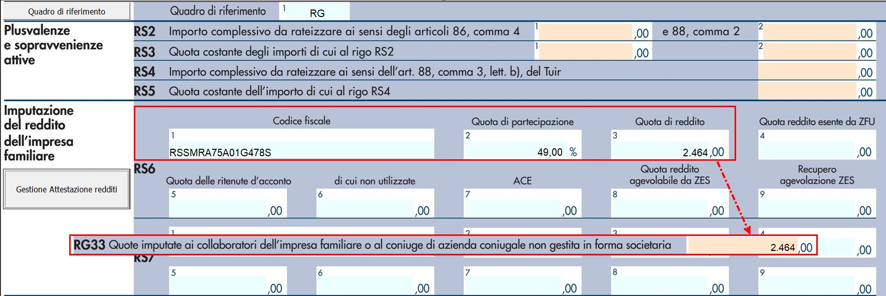 quota importata automaticamente nel rigo 33 del quadro RG