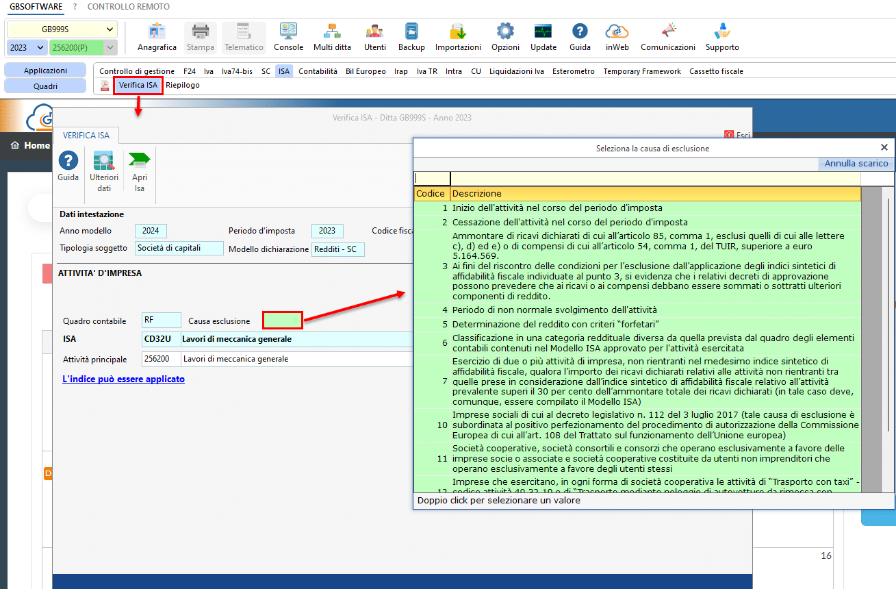 Finestra selezione causa esclusione