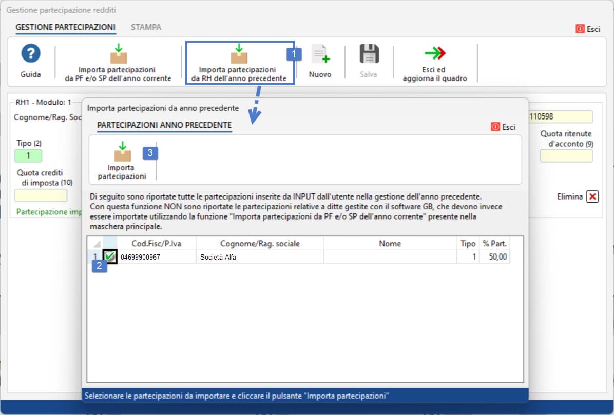 Procedura importazione partecipazioni dall'anno precedente 