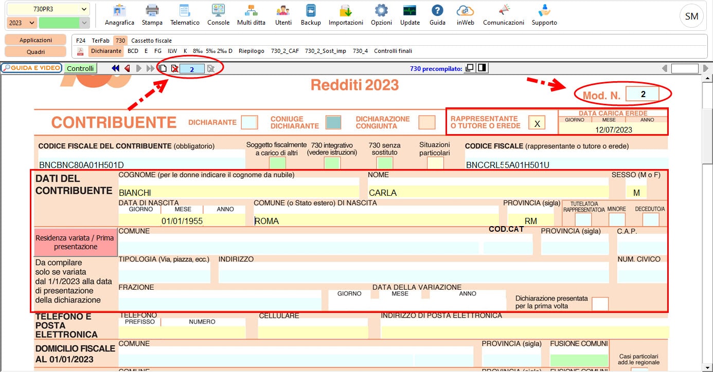 Secondo modulo sezione Dati del contribuente compilata