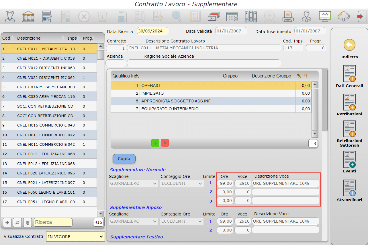 Visualizzazione previsioni contrattuali e percentuale di maggiorazione applicata -Supplementare