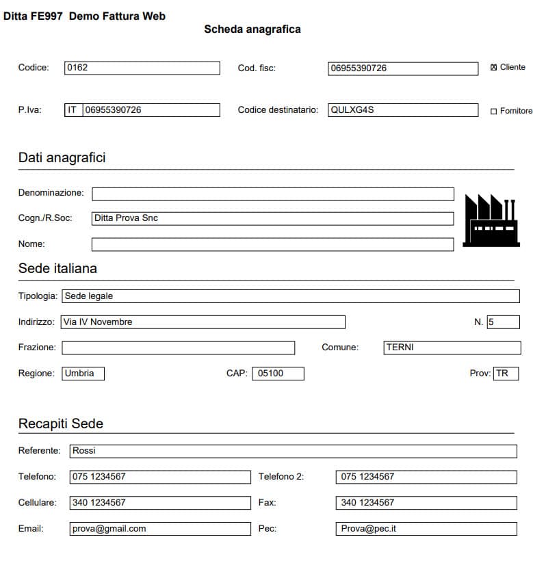 Pagina anagrafica stampata