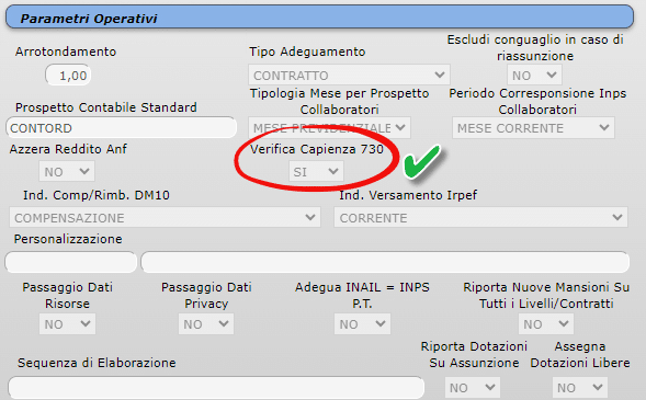 Opzione SI indicata nel parametro Verifica Capienza 730