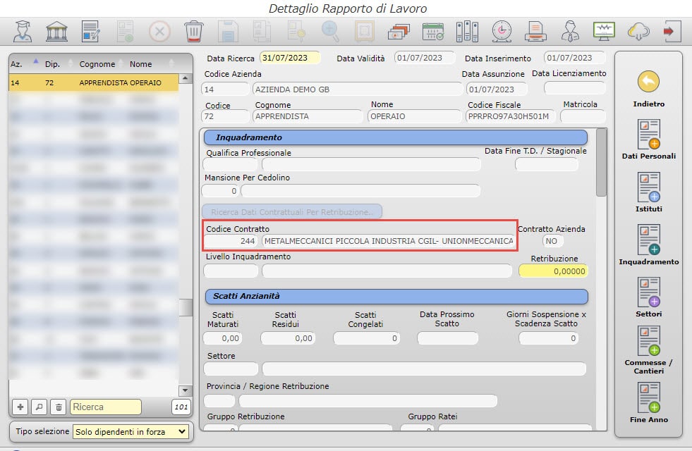 Maschera Dettaglio Rapporto di Lavoro, sezione Codice Contratto