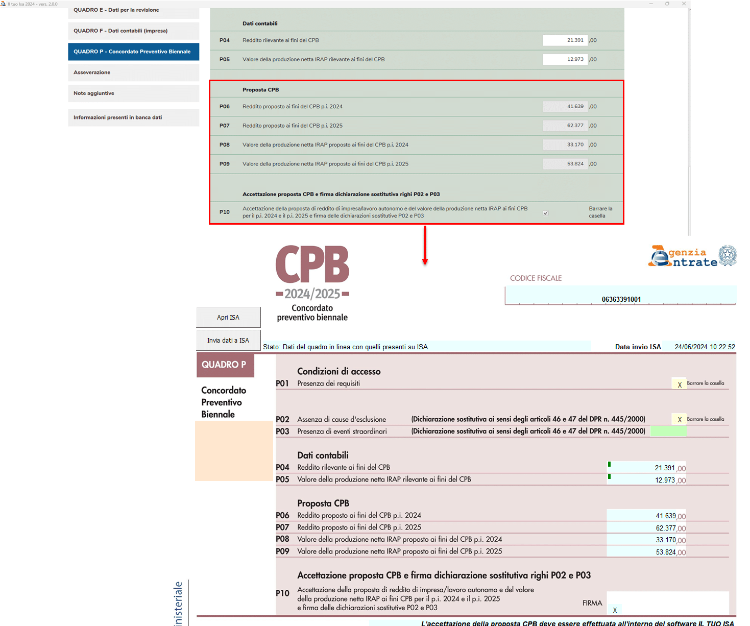 Check Accettazione proposta CPB nel campo P10 e dati riportati