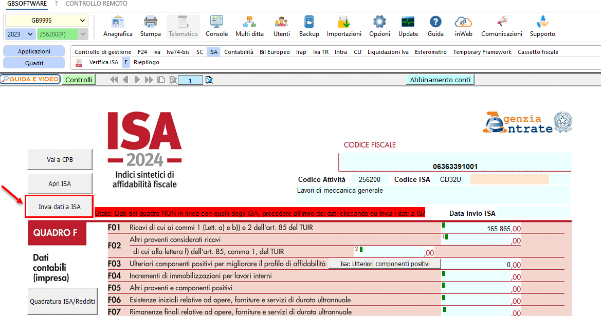 Click su Invia dati a ISA 