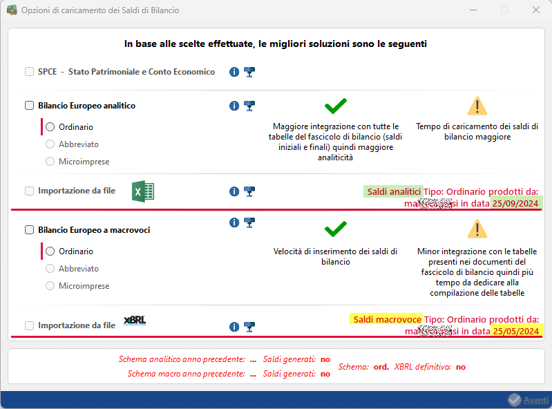 Opzioni finali con due saldi