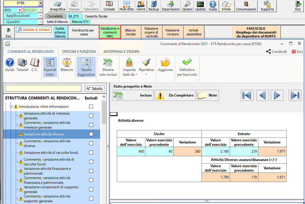 Bilancio ETS Commenti in calce con specifici testi base aggiornati e tabelle aggiuntive