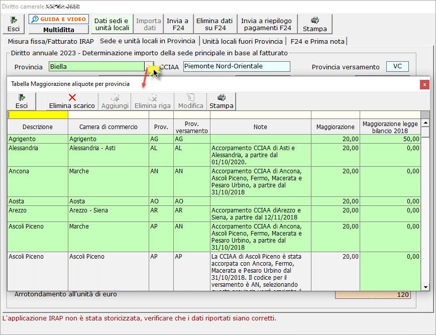 Misura fissa/fatturato IRAP - selezione Provincia