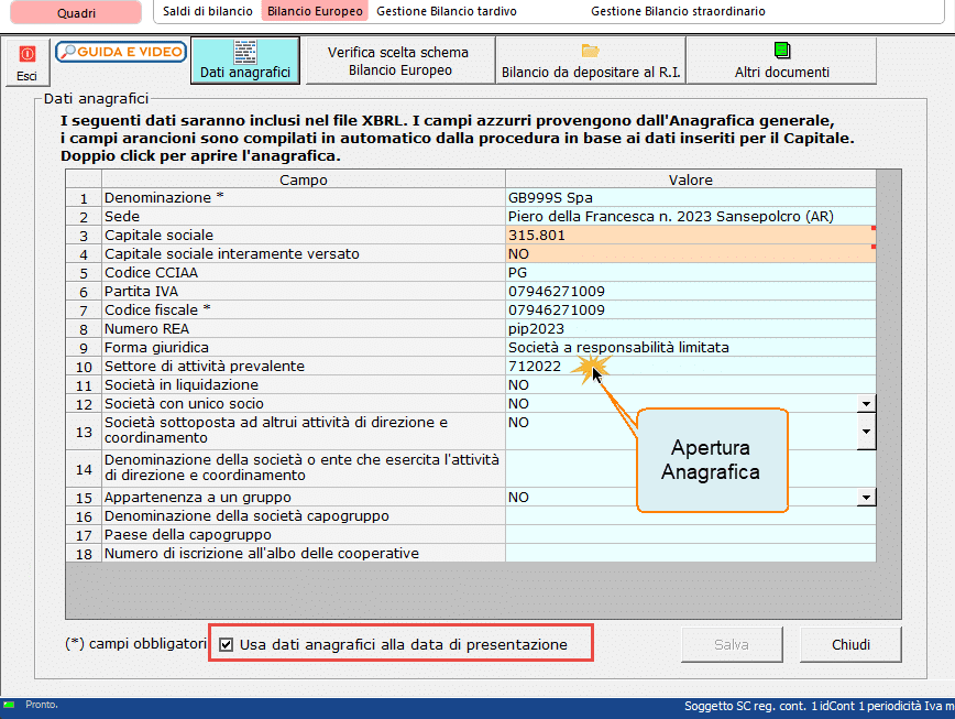 Maschera dati anagrafici e check su "usa dati anagrafici alla data di presentazione"