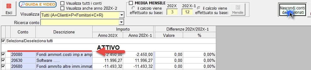 Click su pulsante Nascondi conti deselezionati