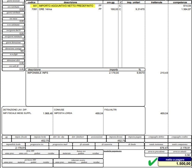 Importo aggiuntivo netto predefinito riportato nel cedolino