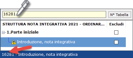 barra ricerca nota integrativa numero