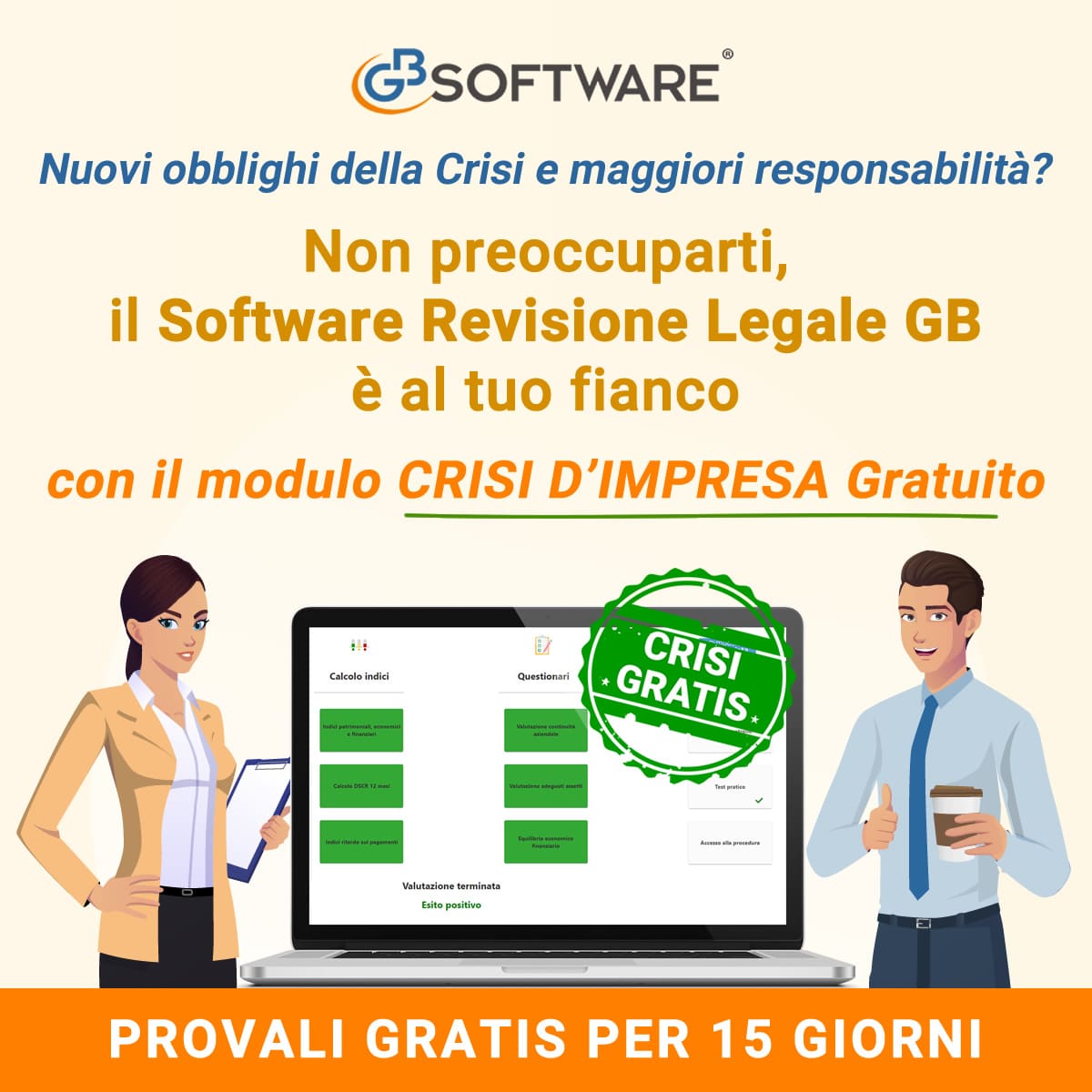 Nuovi obblighi della Crisi e maggiori responsabilità personali? Non preoccuparti, il Software Revisione Legale GB è al tuo fianco. Il modulo CRISI DI IMPRESA è gratis