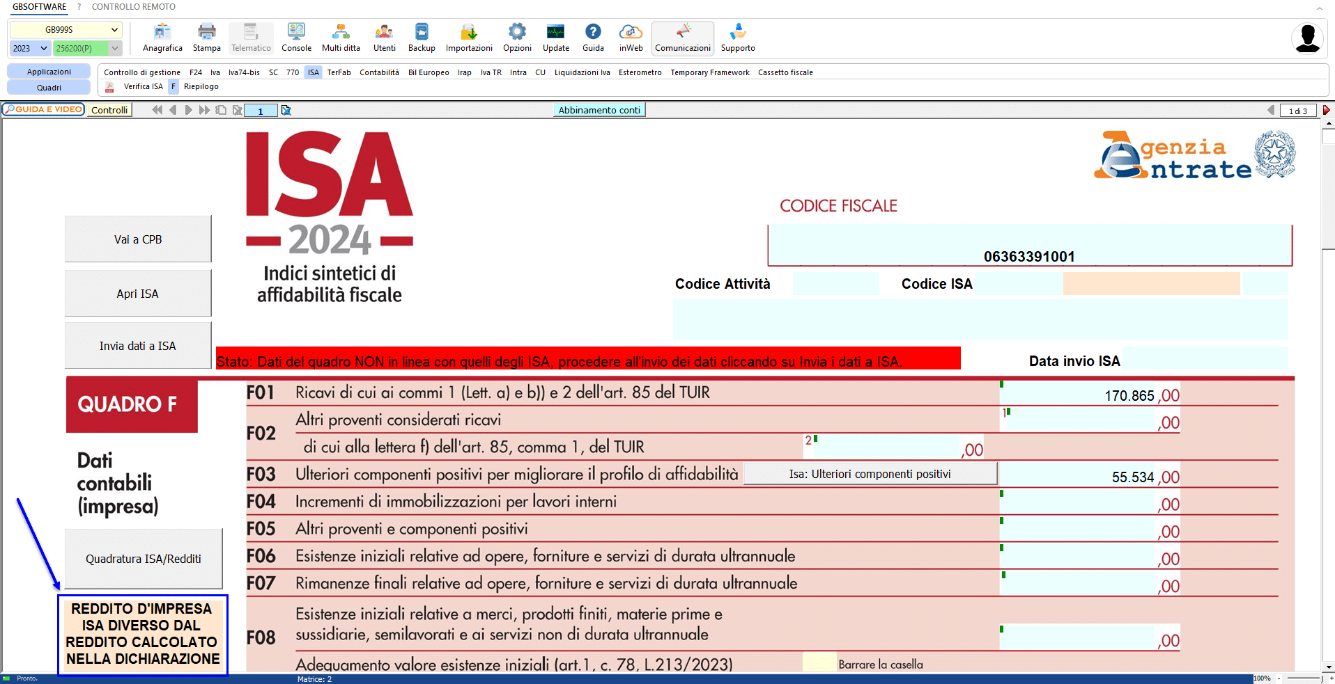 Eventuale disallineamento dei Redditi riportati