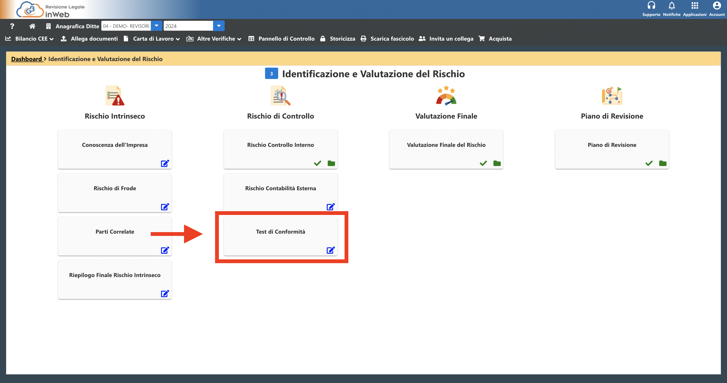 Test di Conformità all'interno della dashboard Revisione Legale inWeb