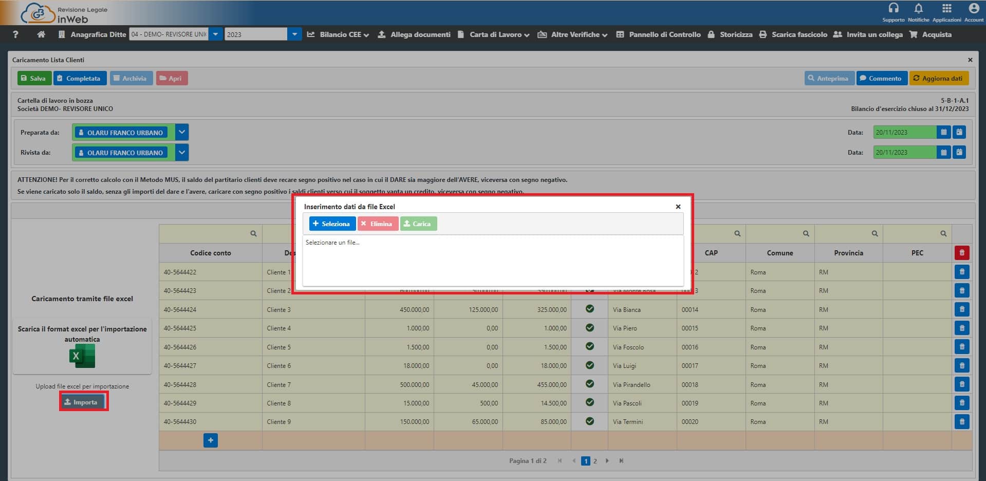 Inserimento dati da file Excel