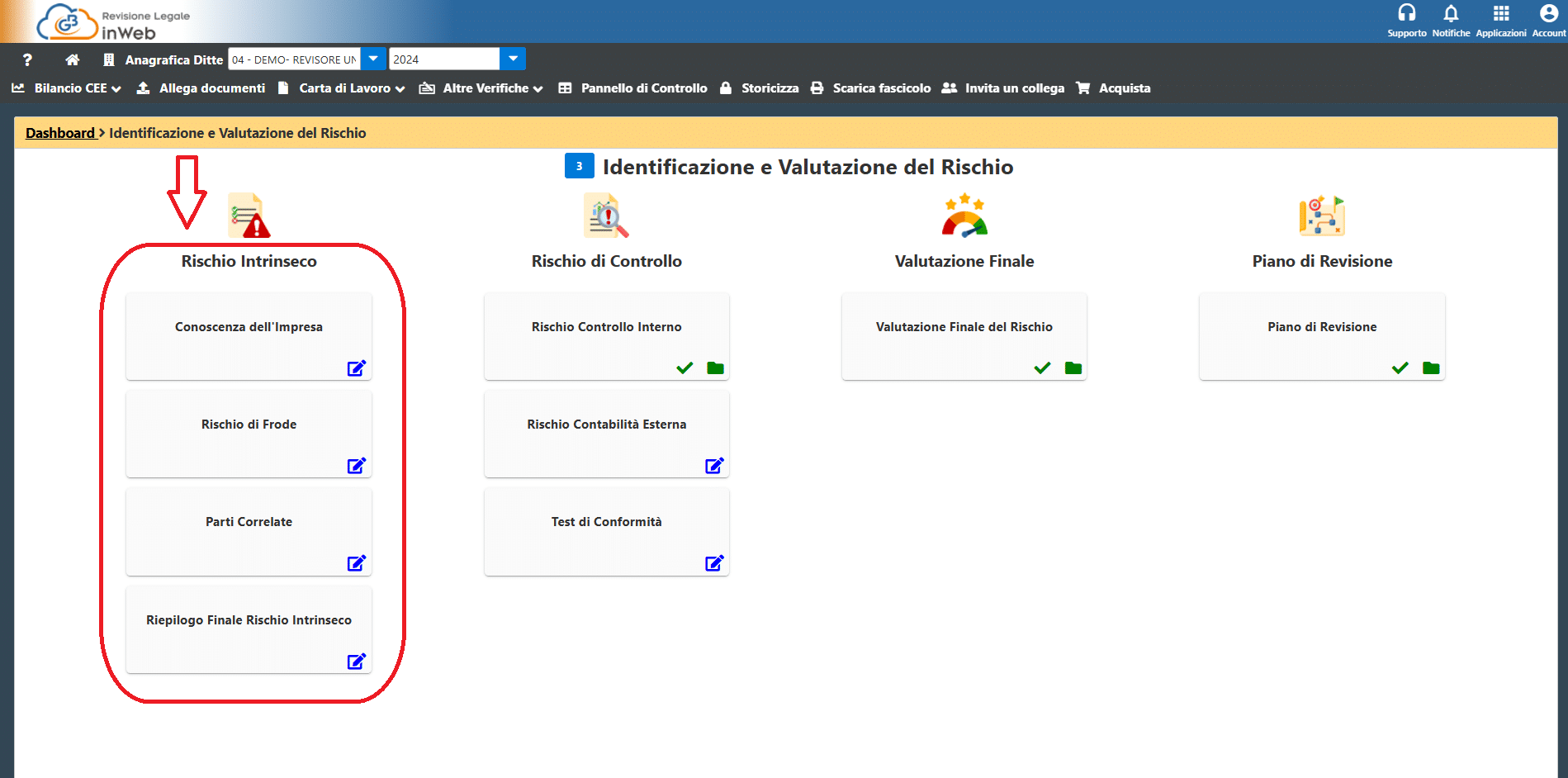 Rischio Intrinseco all'interno della dashboard del software Revisione Legale inWeb