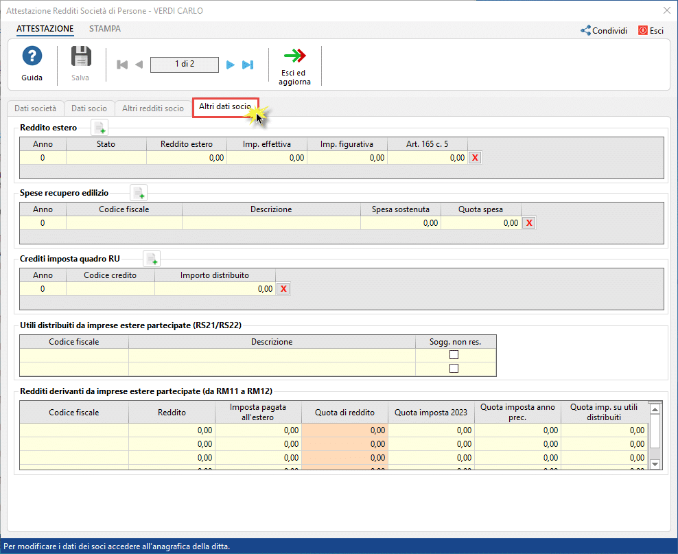 Attestazione Redditi Società di Persone - Click su Altri dati socio 