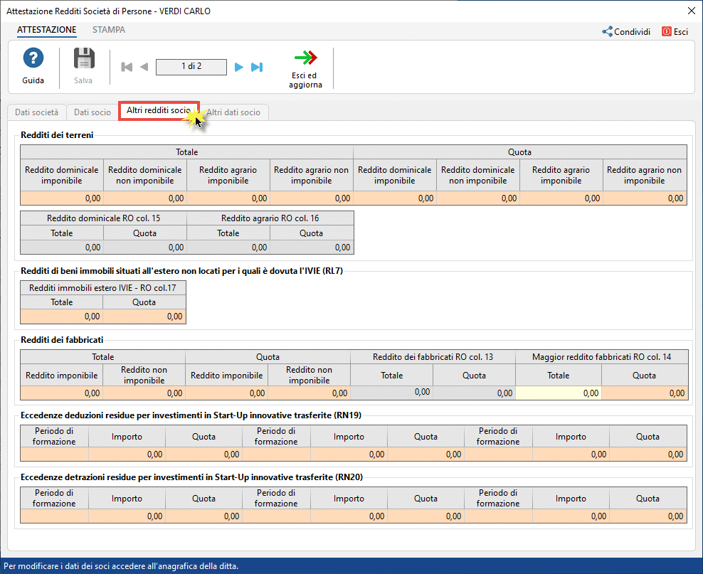 Attestazione Redditi Società di Persone - Click su Altri redditi socio 