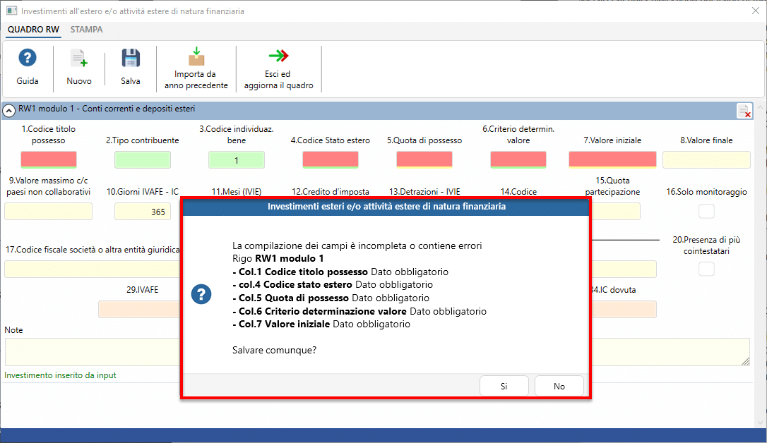 Messaggio compilazione incompleta o con errori