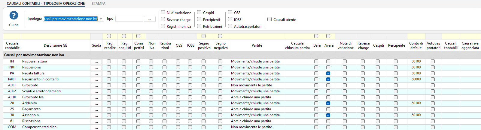 Causali per movimentazione non Iva