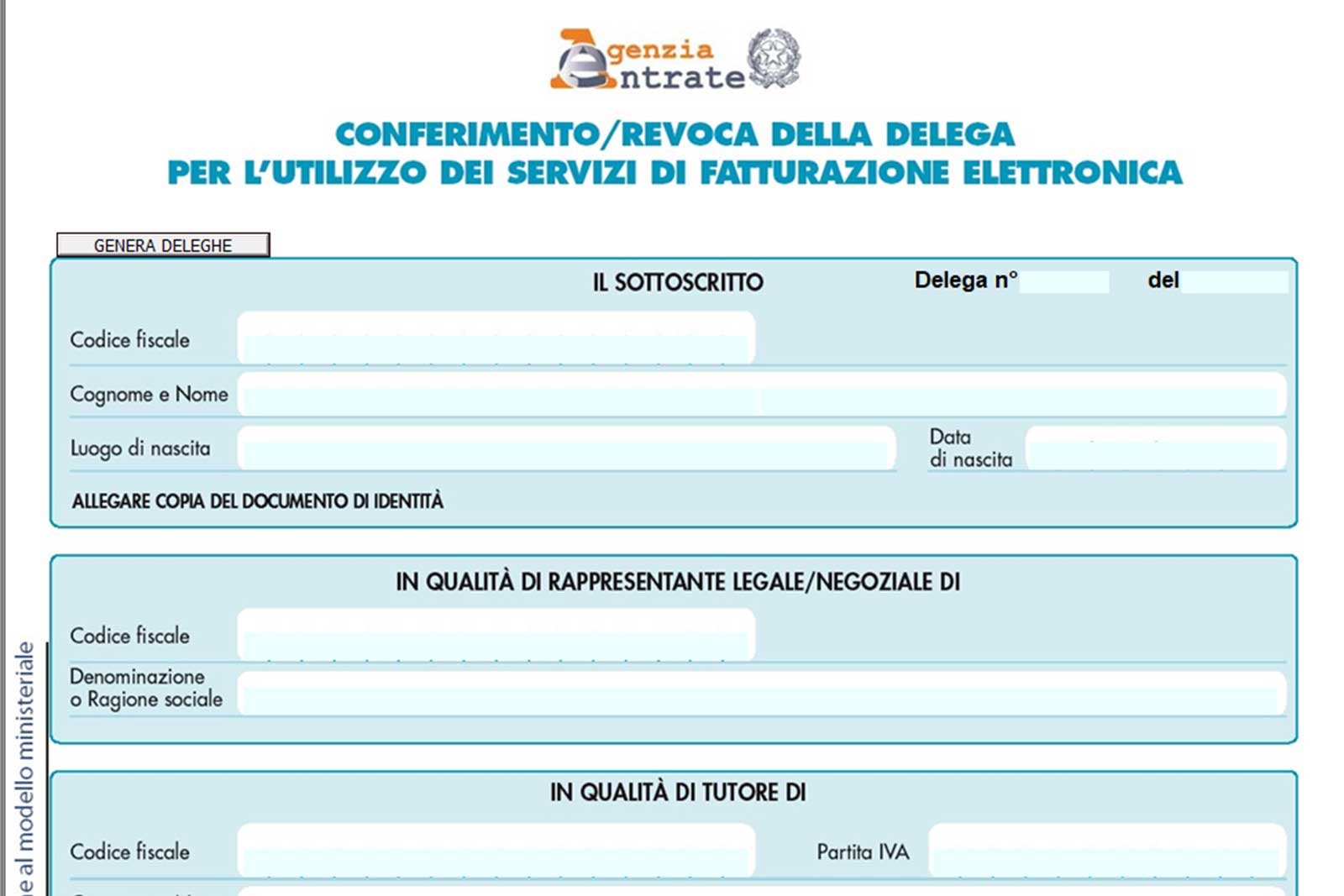 Comunicazioni fiscali deleghe fatturazione elettronica - Modello ministeriale interattivo