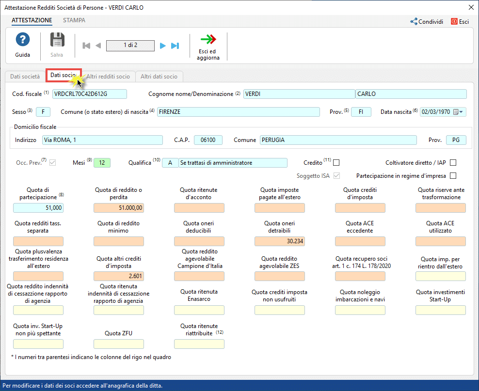 Attestazione Redditi Società di Persone - Click su Altri dati socio 