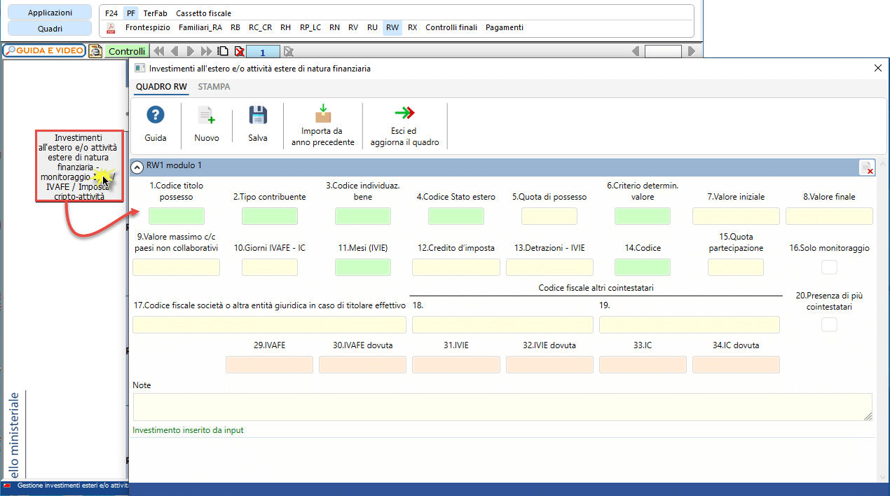 Click su Investimenti all'estero e/o attività estere di natura finanziaria