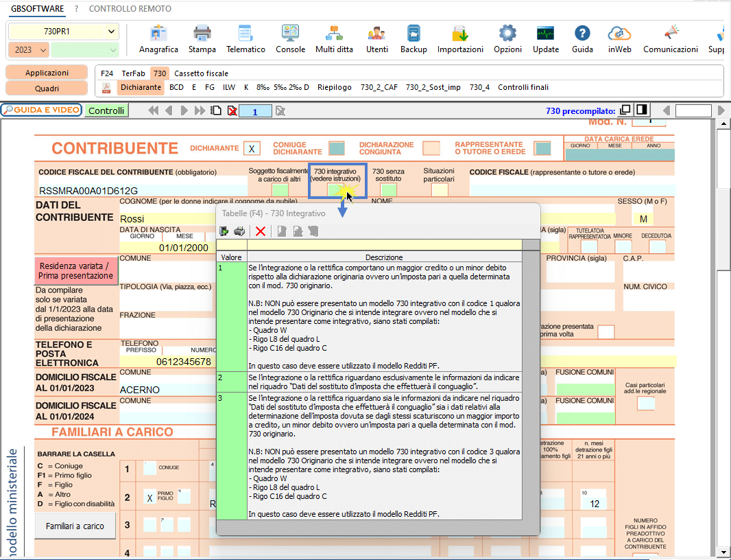Click e apertura Tabella 730 Integrativo