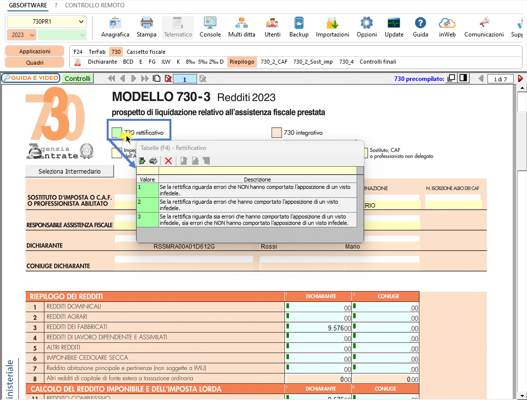 Click e apertura Tabella 730 rettificativo
