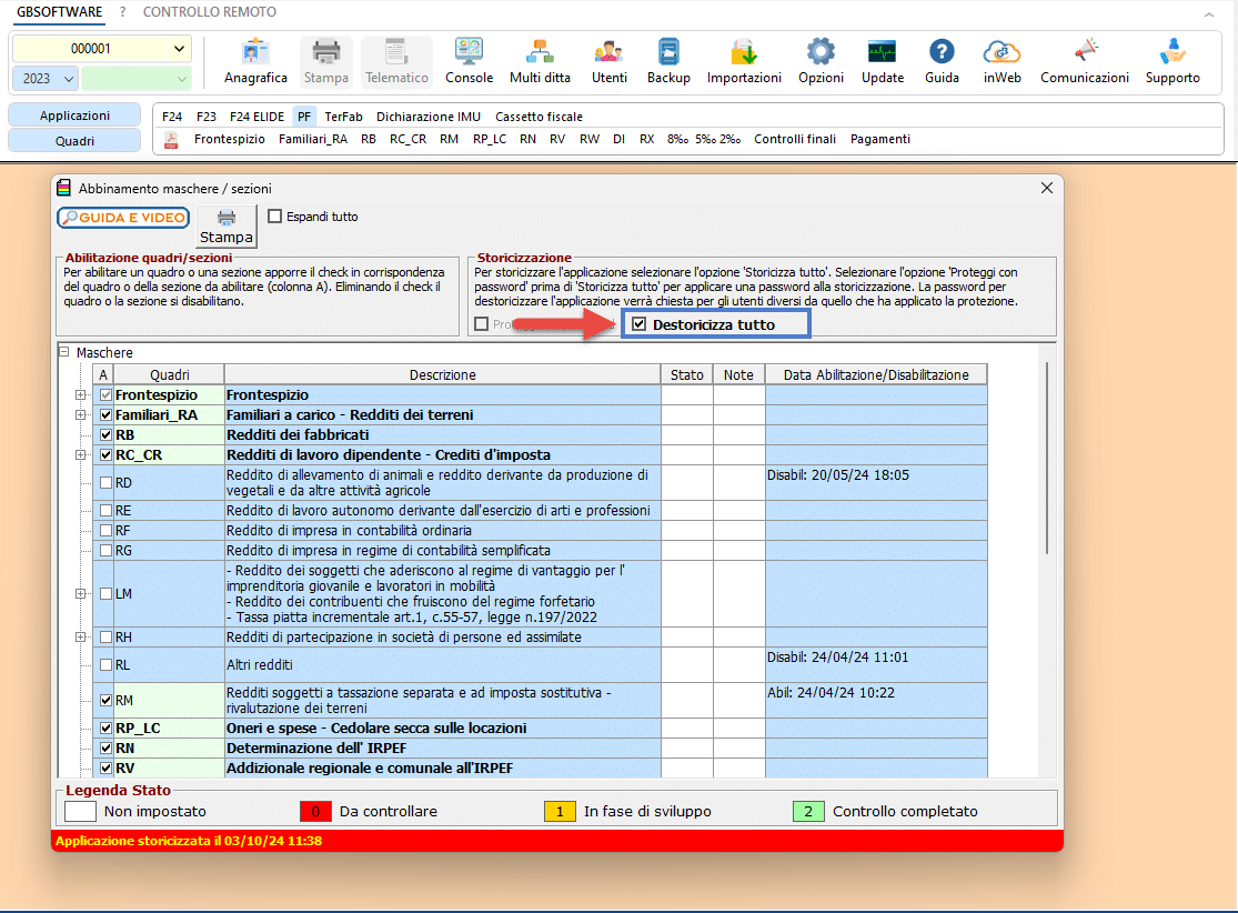 Eliminazione check dalla casella "Destoricizza tutto"