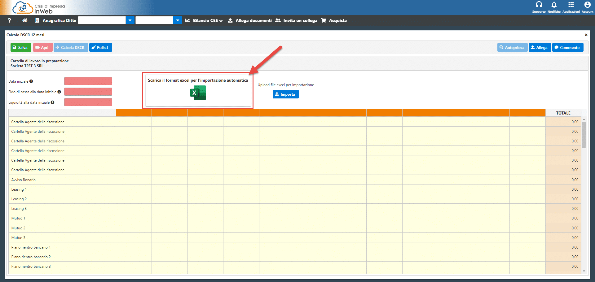 Funzione Scarica il format Excel per l'importazione automatica