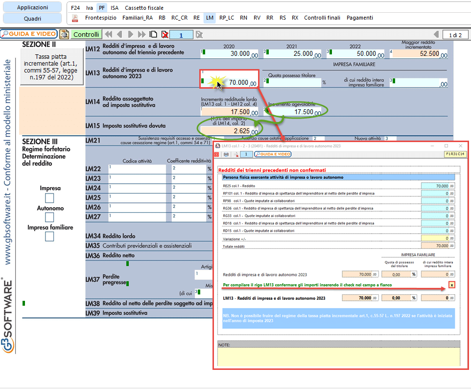 Compilazione rigo LM13 e incremento agevolabile in LM14 col. 2 e l'imposta sostitutiva del 15% in LM15 calcolati in automatico