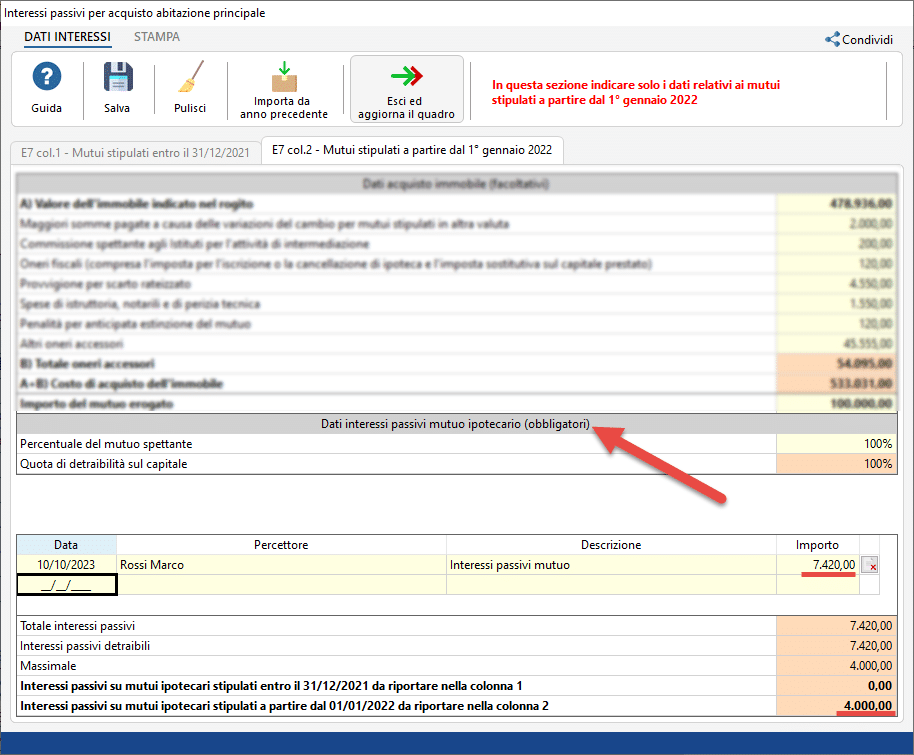 Sezione obbligatoria Dati intressi passivi mutuo ipotecario e spesa ricondotta a 4000 