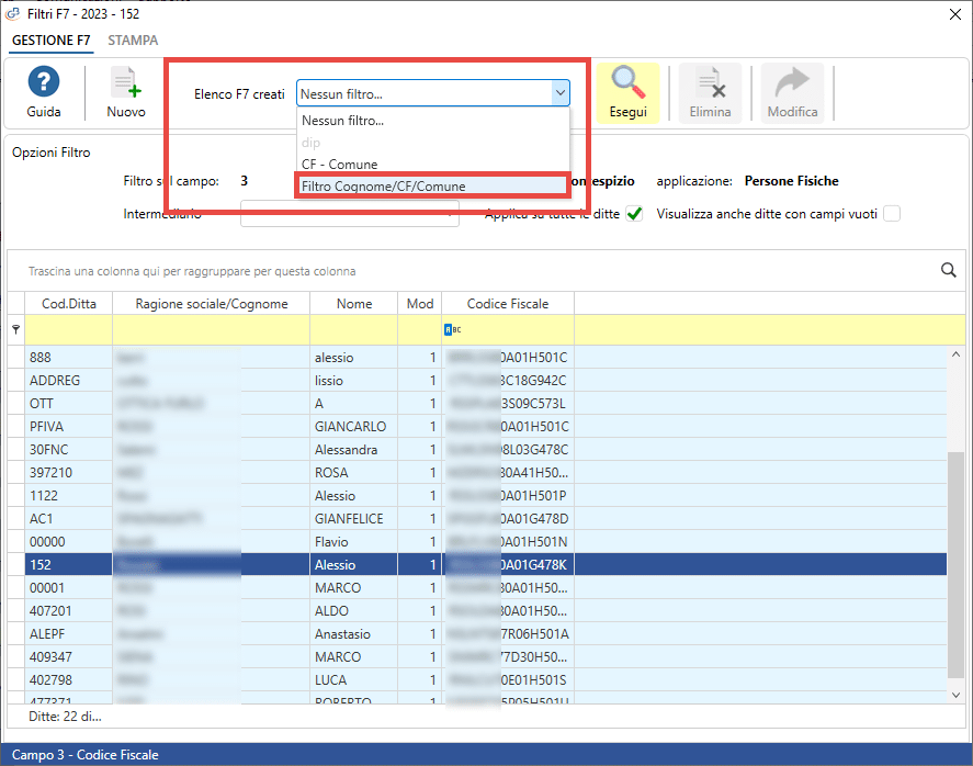 Elenco F7 creati con filtro creato
